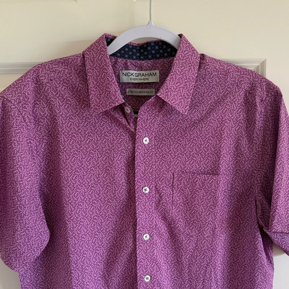 Nick Graham Stretch Modern Fit Short-Sleeve Blue Button-Up Shirt Size Medium